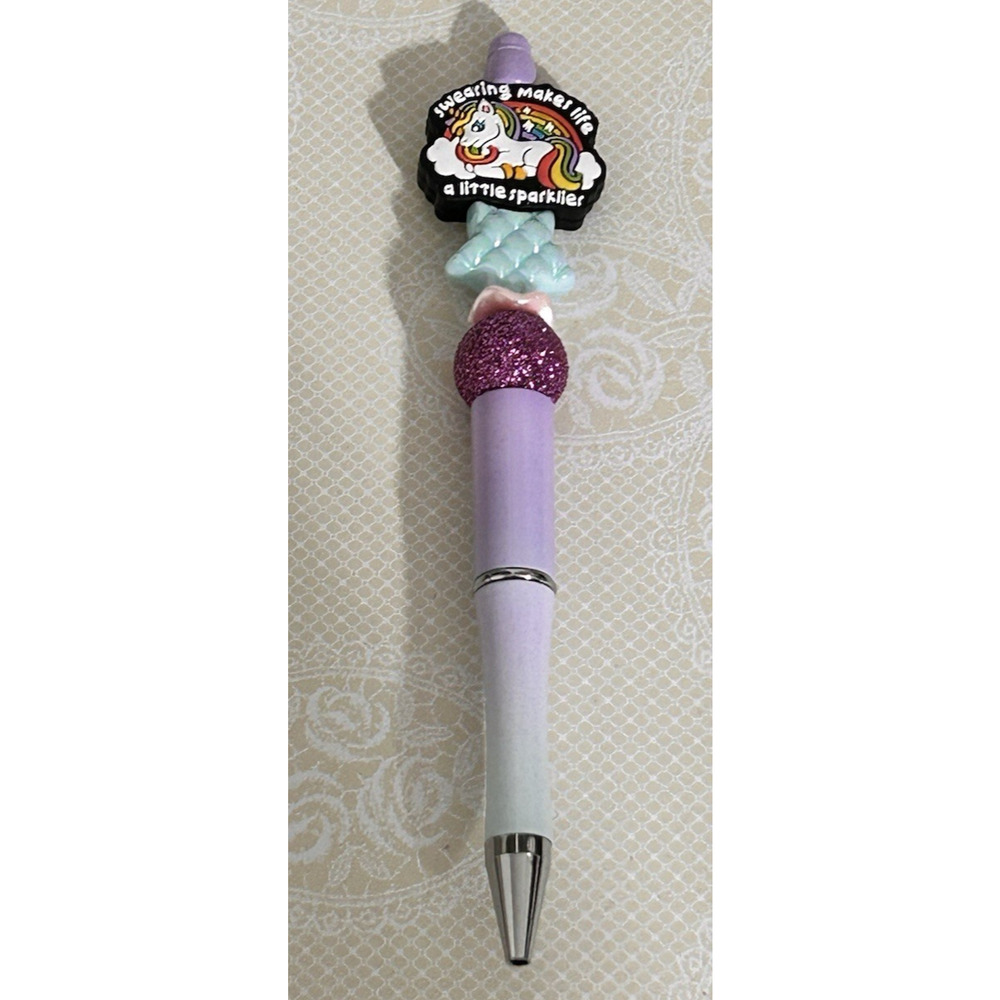 Custom Beaded Pen Unicorn Purple "Swearing Humor" Unique Gift Handmade Glittery